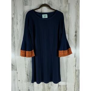 Judith March Shift Dress Size Medium Navy Blue Orange Crochet Flounce Sleeve‎